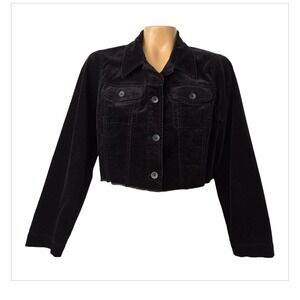 Liz Claiborne Petite Large‎ Cropped Velvet Jacket Black Button Front Raw Cut Hem